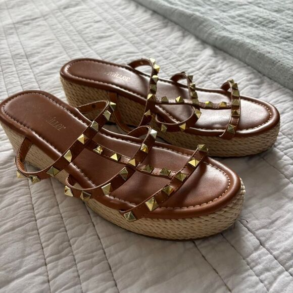 BOUTIQUE Rope Strappy Open Toe Sz 9 Studded Brown Women's Platform Heel Sandals - Picture 2 of 2